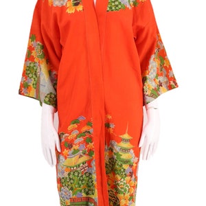 30s JAPAN kimono wool challis print robe / vintage 1930s export KIMONO in tangerine cherry blossom theme 20s image 2