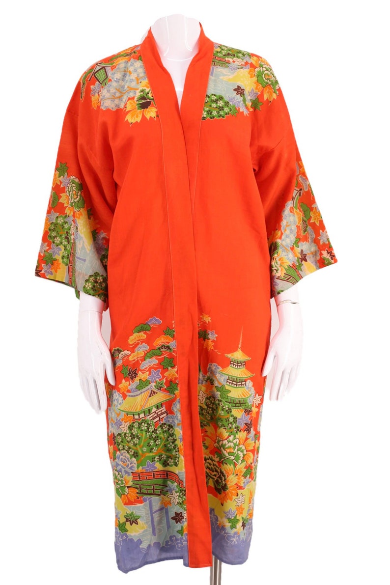 30s JAPAN kimono wool challis print robe / vintage 1930s export KIMONO in tangerine cherry blossom theme 20s image 2