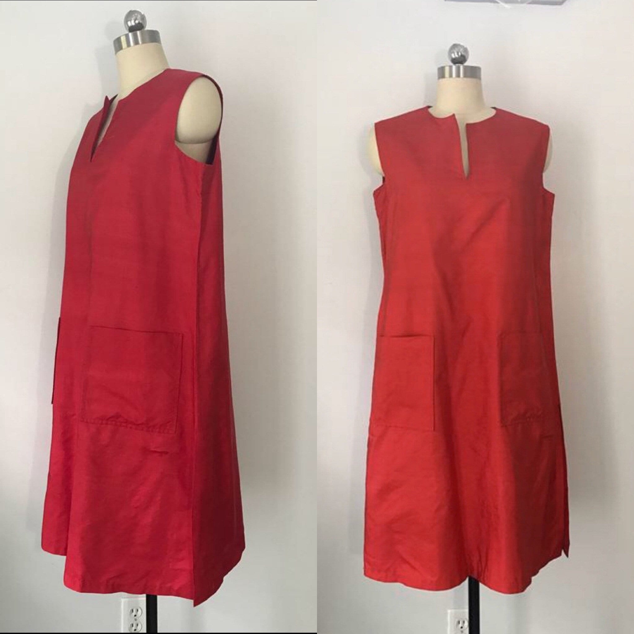 70s HALSTON red raw silk TRAPEZE tent shift dress w pockets 1970s ...