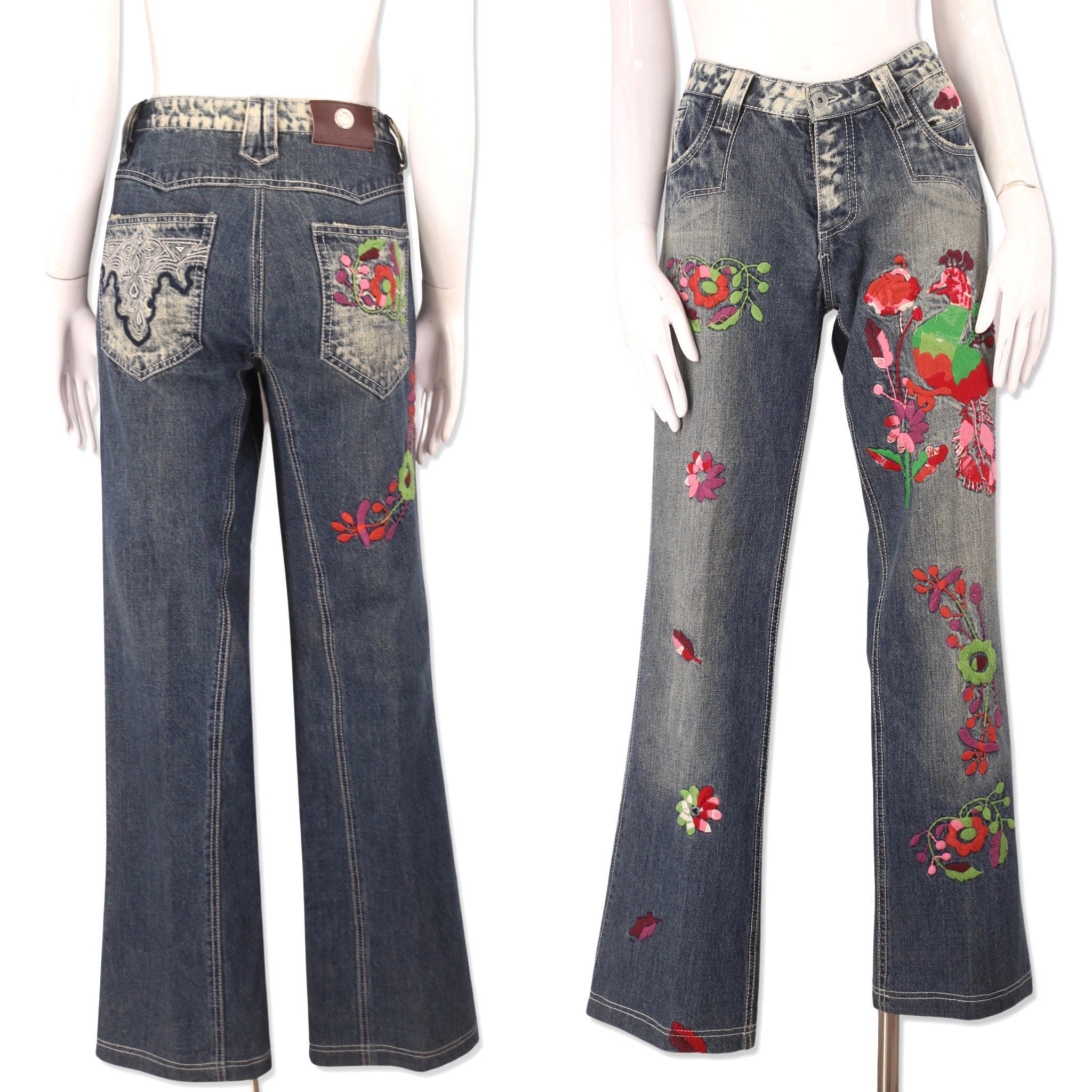 Y2k ANTIK DENIM embroidered jeans 31 / vintage 2000s bird flower folk embroidered  pants / low rise jeans