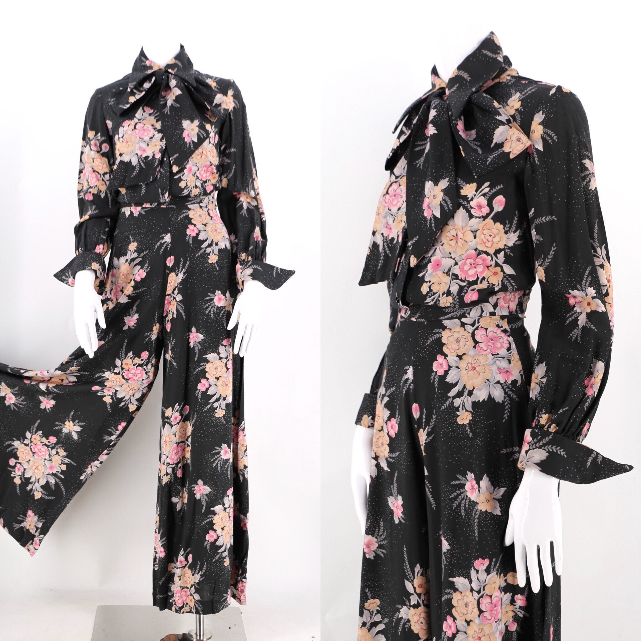 70s pants outfit sz S / vintage 1970s black rayon floral high waisted