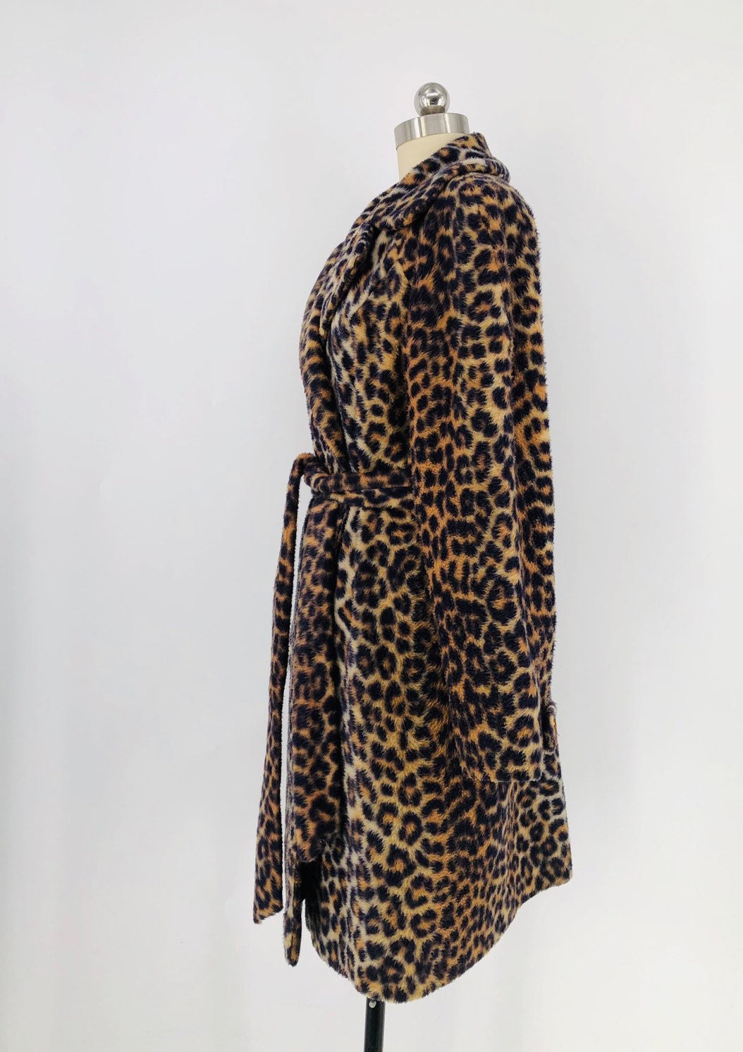 60s leopard print faux fur sash coat