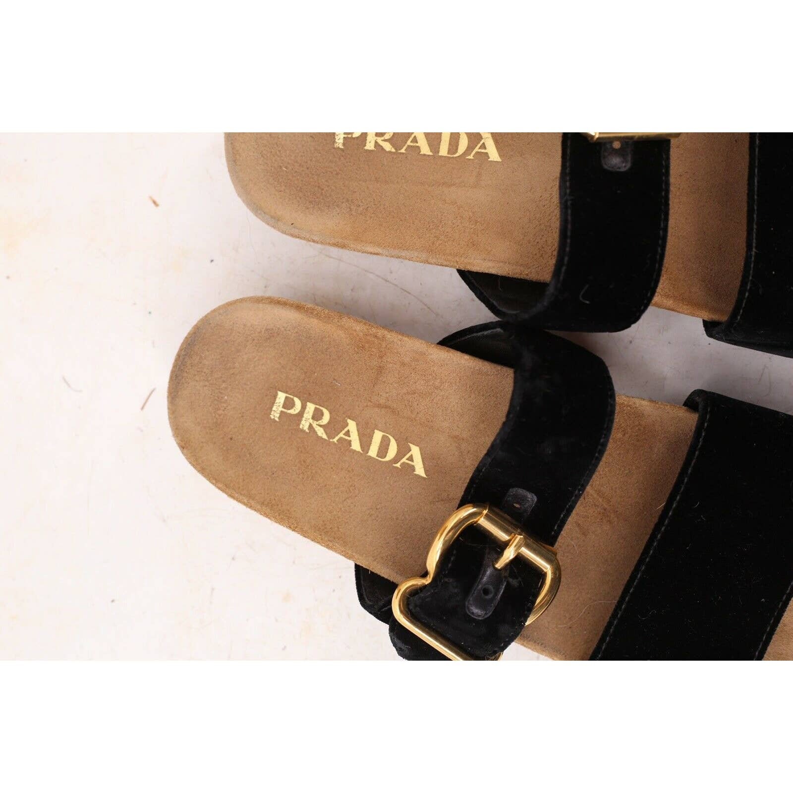 black velvet PRADA Birkenstock style slip on gold buckle sandals shoes ...