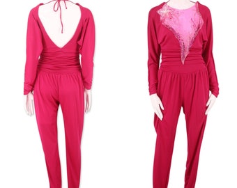 80s CLIMAX disco jumpsuit 8, vintage 1980s David Howard pink one piece, Studio 54 outfit poly dress M