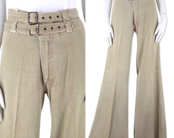 1970s Brittania High Rise Bells Jeans 34, vintage 70s wide leg flares, Sage Green denim pants gender neutral womens mens unisex L