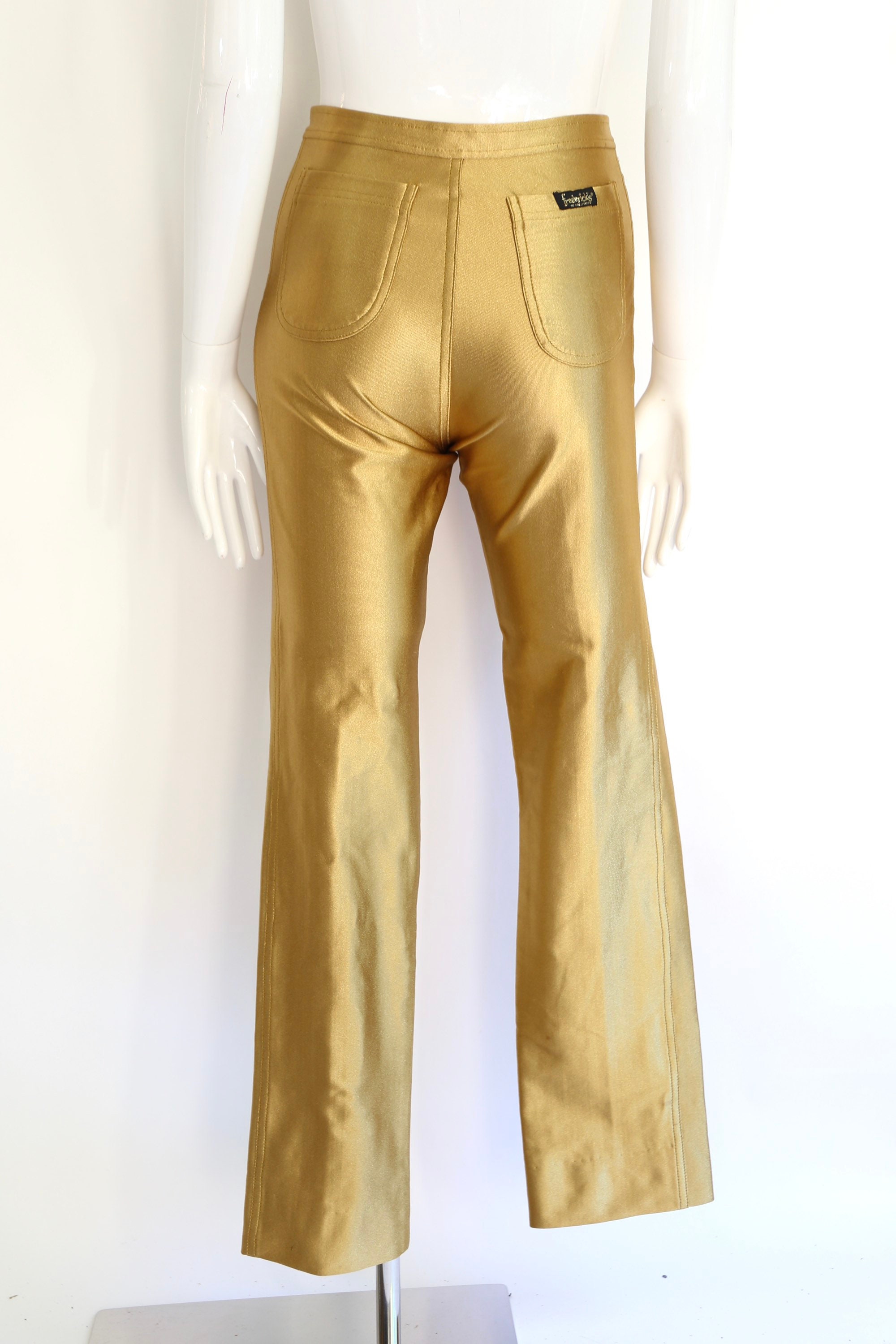 70s gold FREDERICKS of HOLLYWOOD original spandex disco pants M / vintage  1970s shiny skin tight leggings size 6-8