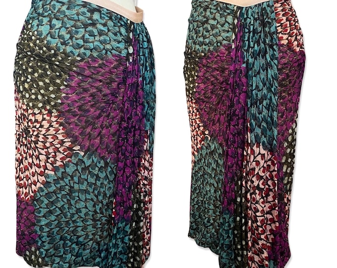 MISSONI knit zig zag skirt 8, vintage signature feather print metallic skirt, balloon hem designer M 42