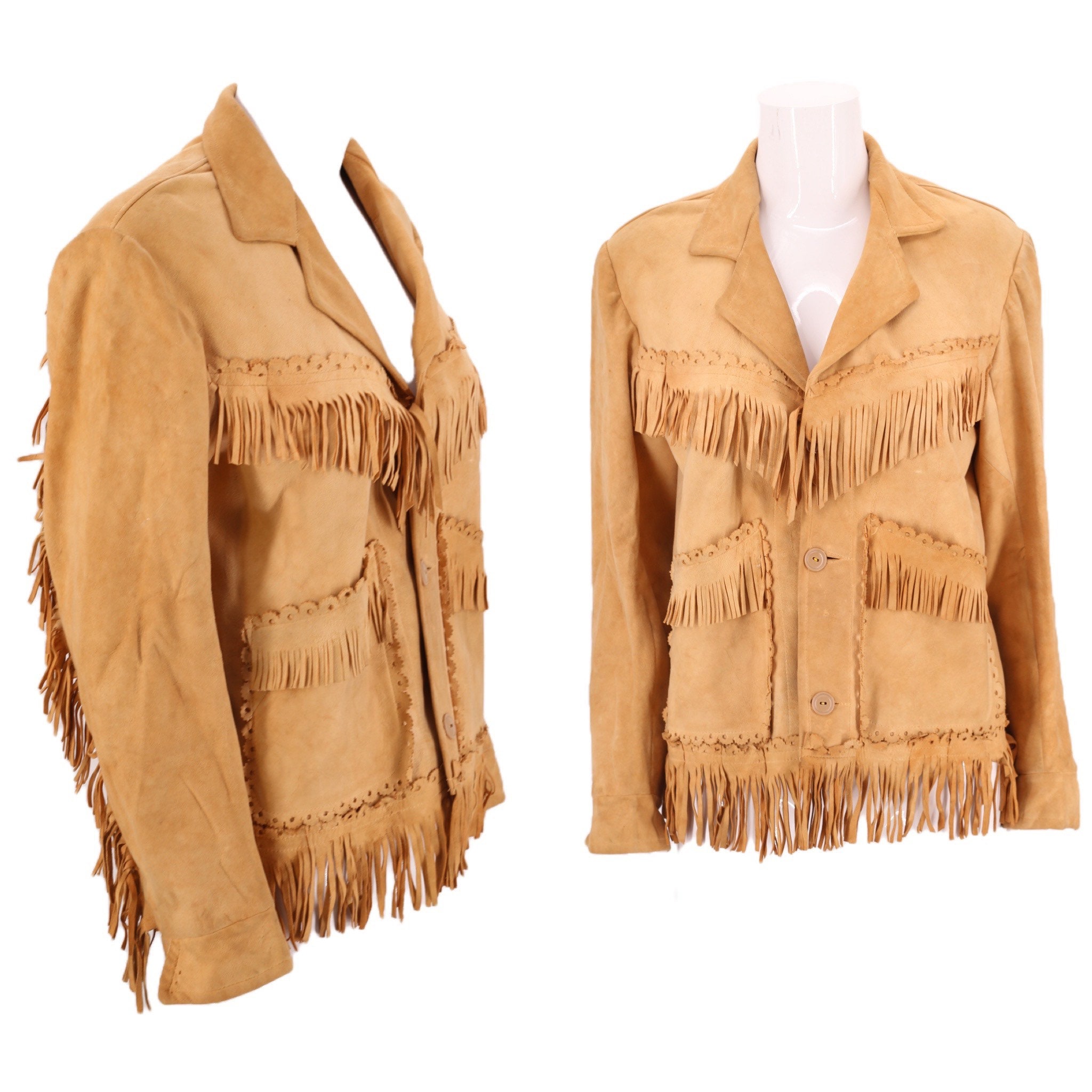 40s buckskin suede western fringe jacket M vintage 1940s tan leather pin up cowgirl fringed jacket 50s 8 10
