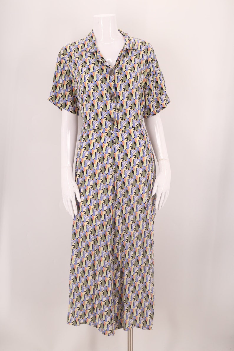 90s FLAX rayon print dress L / vintage 1990s does 40s button front dress L image 7