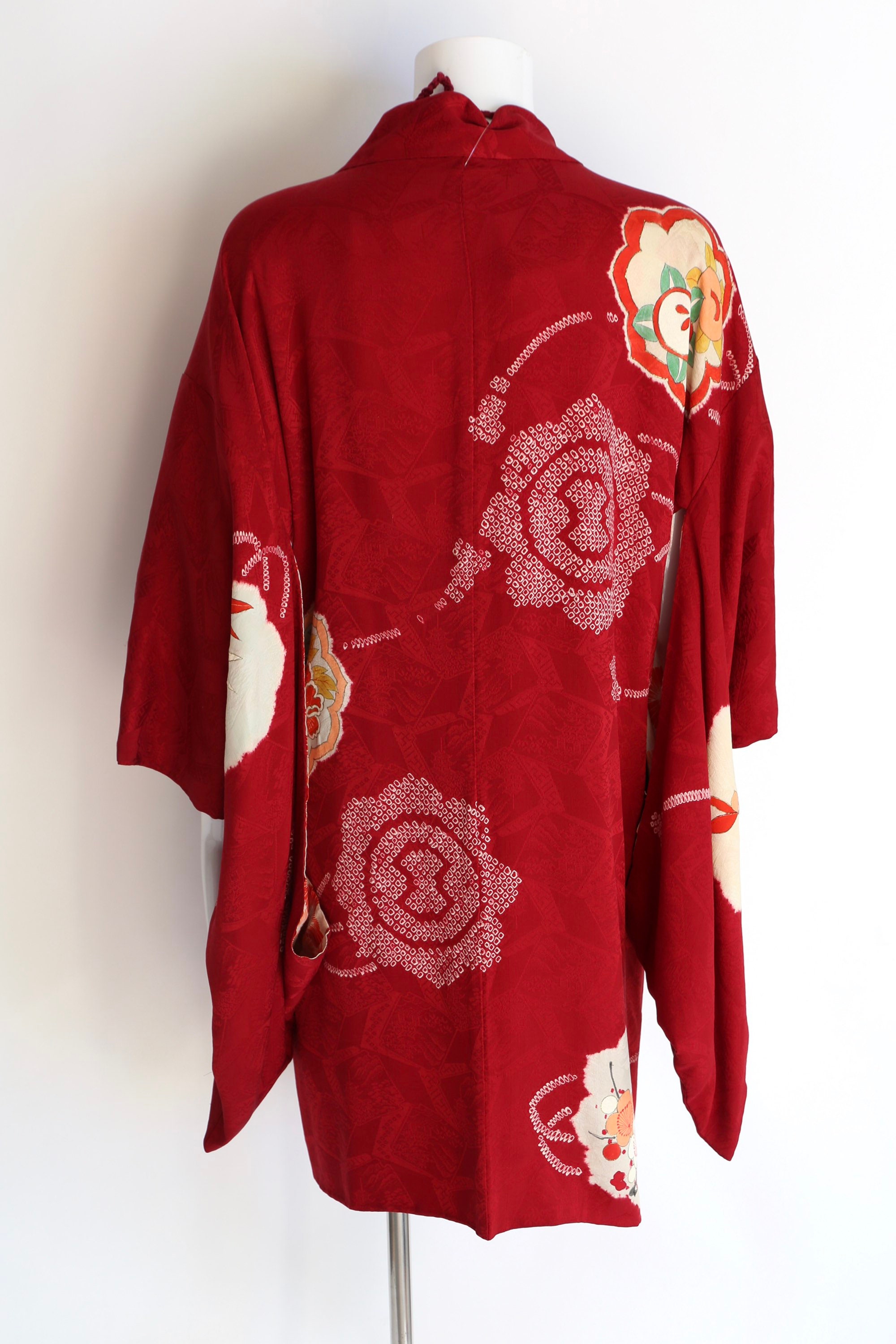vintage red silk Japanese kimono / 50s cherry blossom print short ...