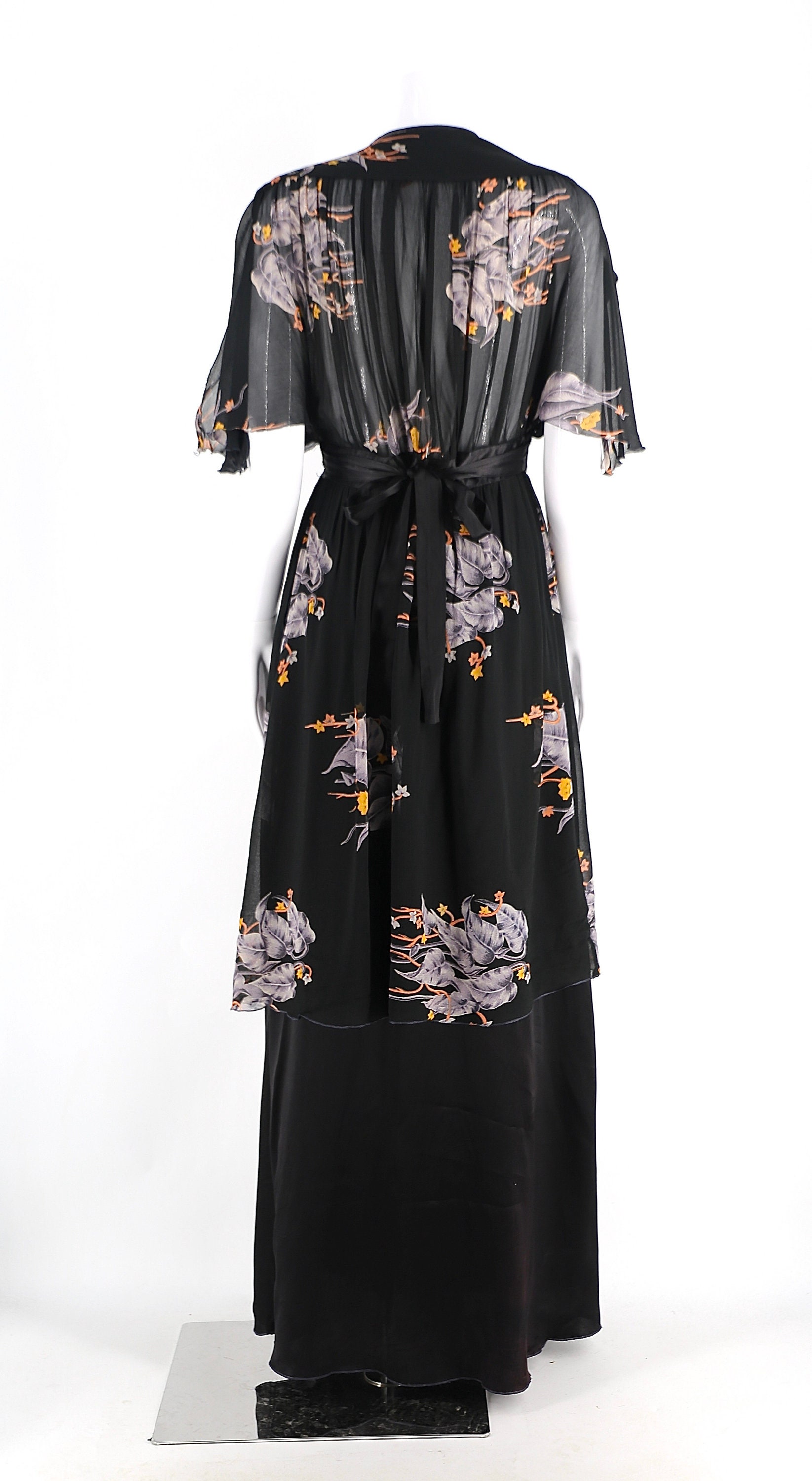 Vintage 1970s Black Rose Floral Chiffon Maxi Dress