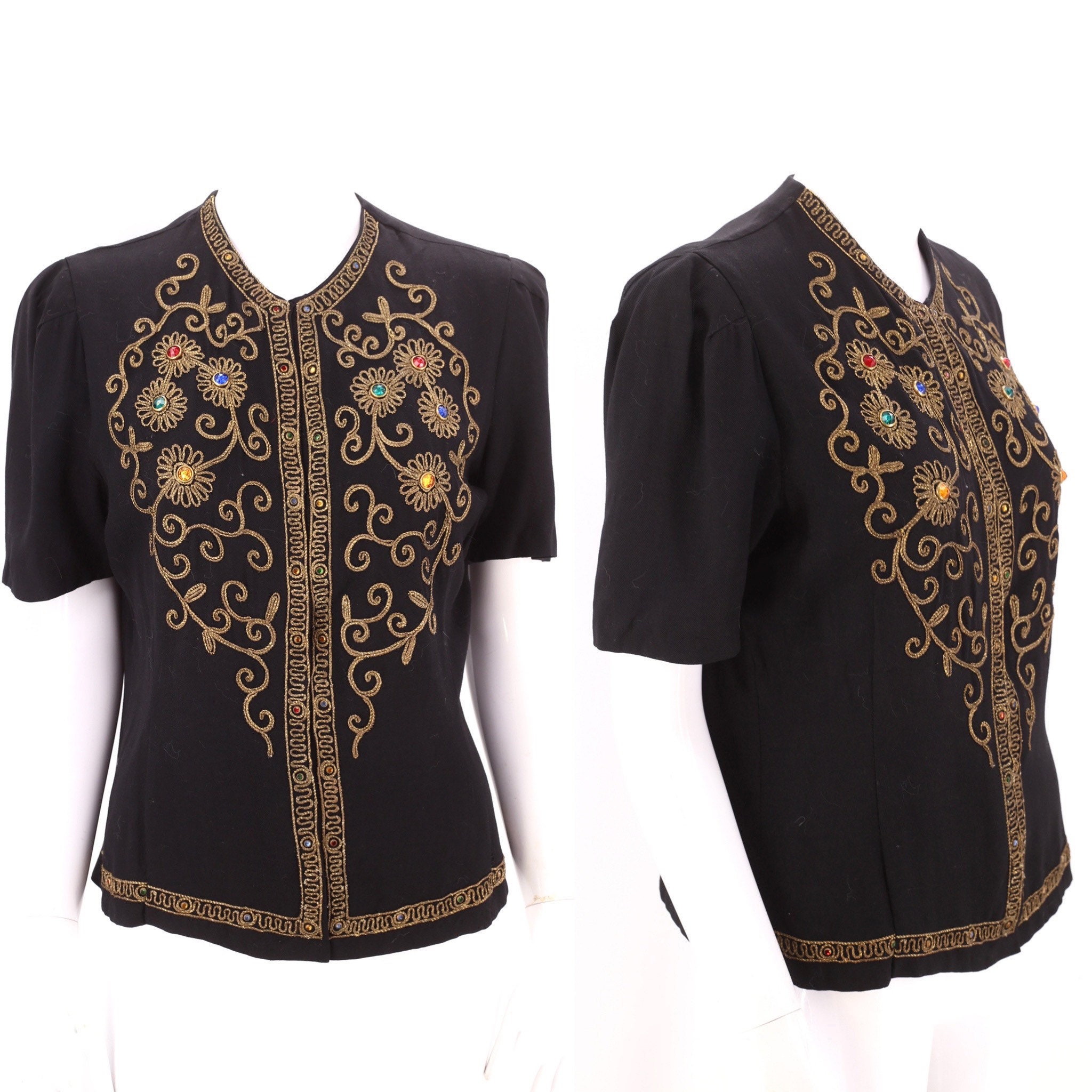 40s soutache trim black blouse m-l / vintage 1940s evening dress top 30s