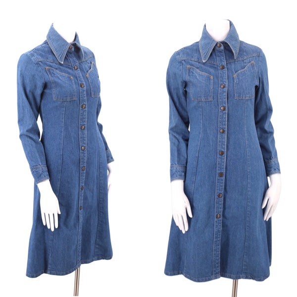 LANDLUBBER 70er Vintage Jeanskleid sz S / vintage 1970er Hemdkleid Druckknopf vorne