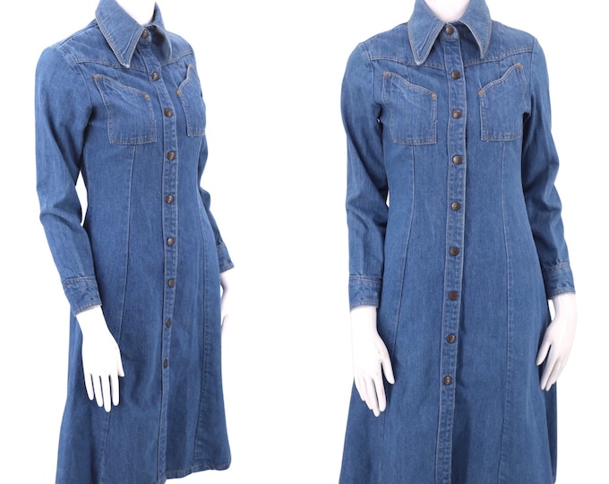 LANDLUBBER 70s vintage denim dress sz S / vintage 1970s shirt dress snap front