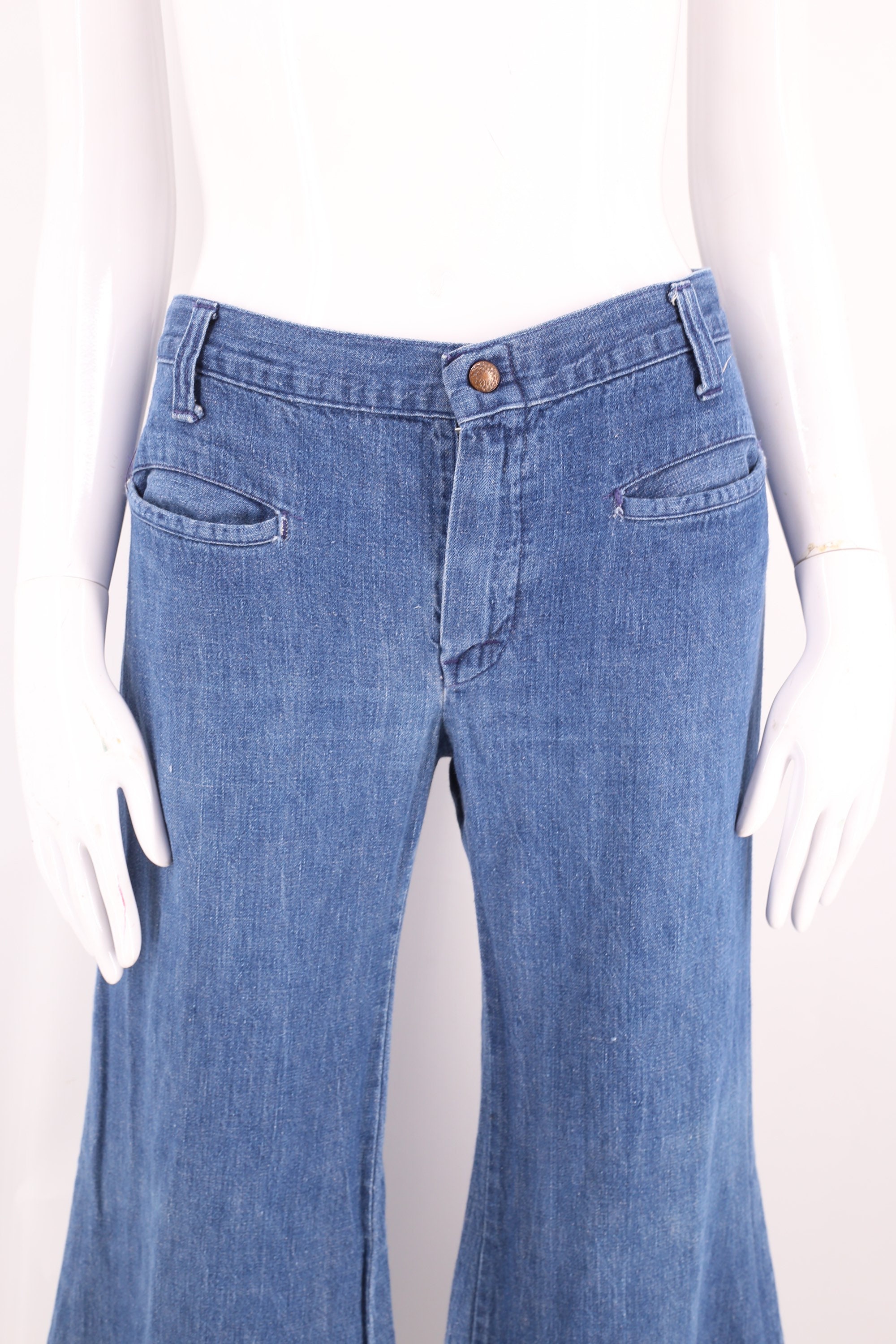 70s Faded Bell Bottom Jeans 30x30.5 / Vintage 1970s Faded Hip Hugger  Elephant Bellbottom Jeans / 1970s 30 31 Waist Flared Jeans