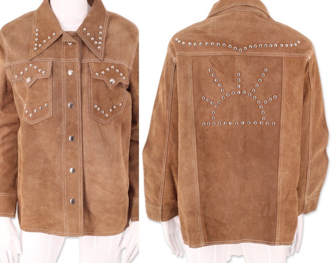 70s studded suede shirt jacket M, vintage 1970s tan custom stud shacket, 60s Woodstock era clothing, gender neutral