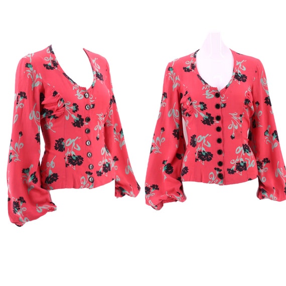 70s BETSEY JOHNSON Alley Cat rose print rayon blou