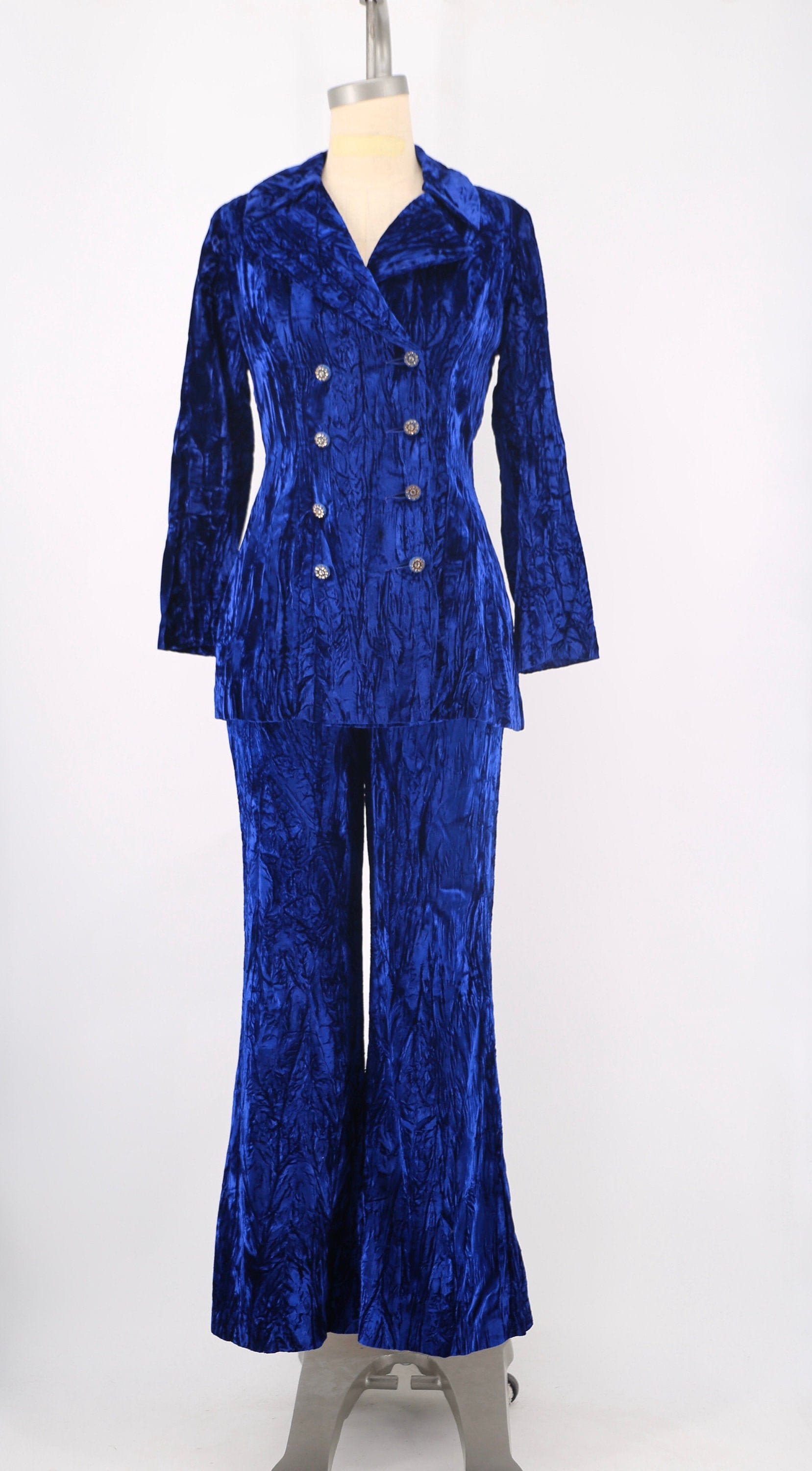 60s crushed velvet sapphire blue bell bottom suit