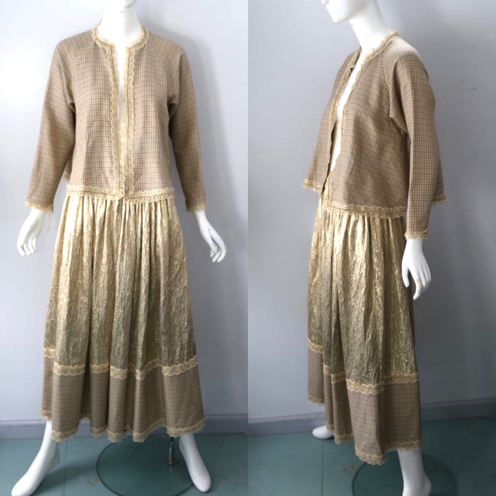 80s GEOFFREY BEENE set gingham and gold metallic jacket skirt set OUTFIT  1980s vintage size 8