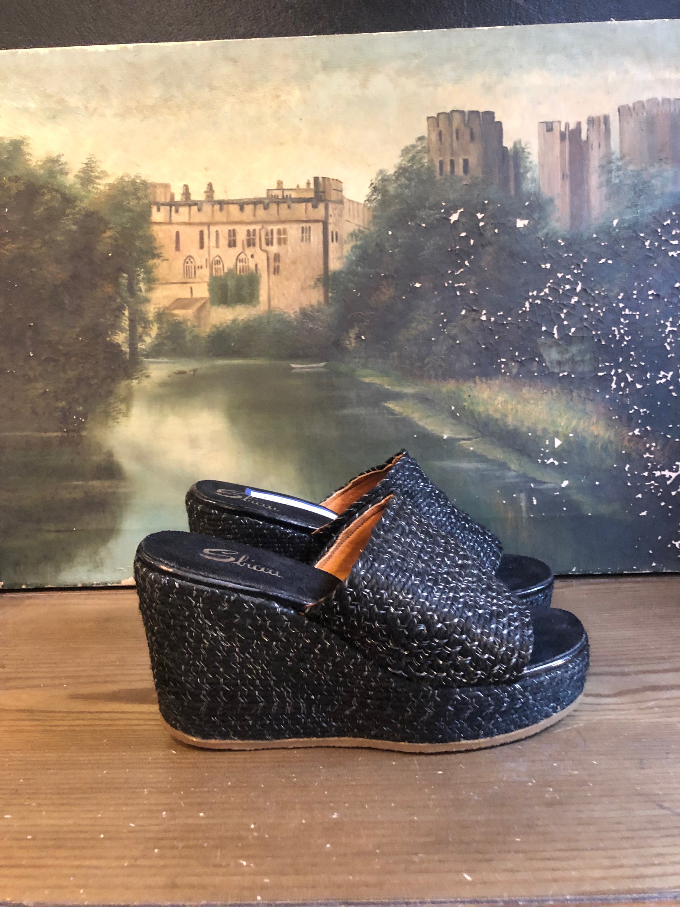 Black raffia wedges hot sale