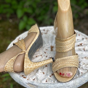 70s sz 6.5 HALSTON python sandals high heels, vintage 1970s 80s beige strappy shoes, disco heels, pumps shoes 36.5 image 5