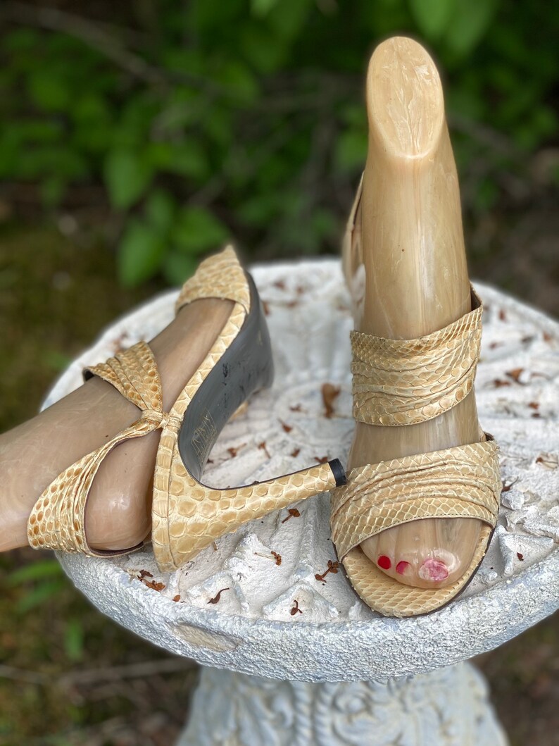 70s sz 6.5 HALSTON python sandals high heels, vintage 1970s 80s beige strappy shoes, disco heels, pumps shoes 36.5 image 5