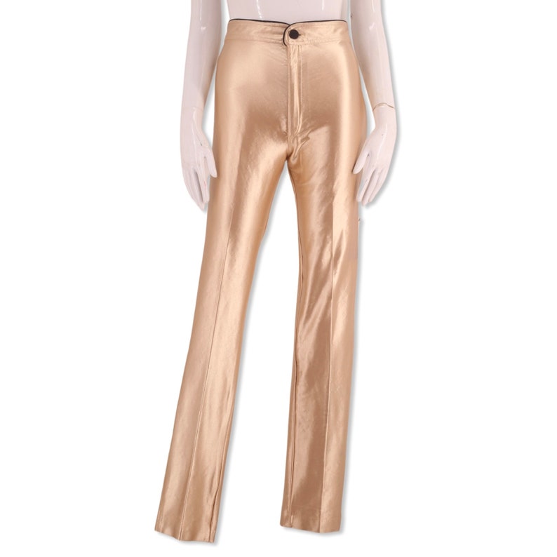 70s gold disco pants S/M, vintage 1970s original spandex Great Escape Fredericks pants, shiny champagne skin tight leggings size 4-6 1980s image 4