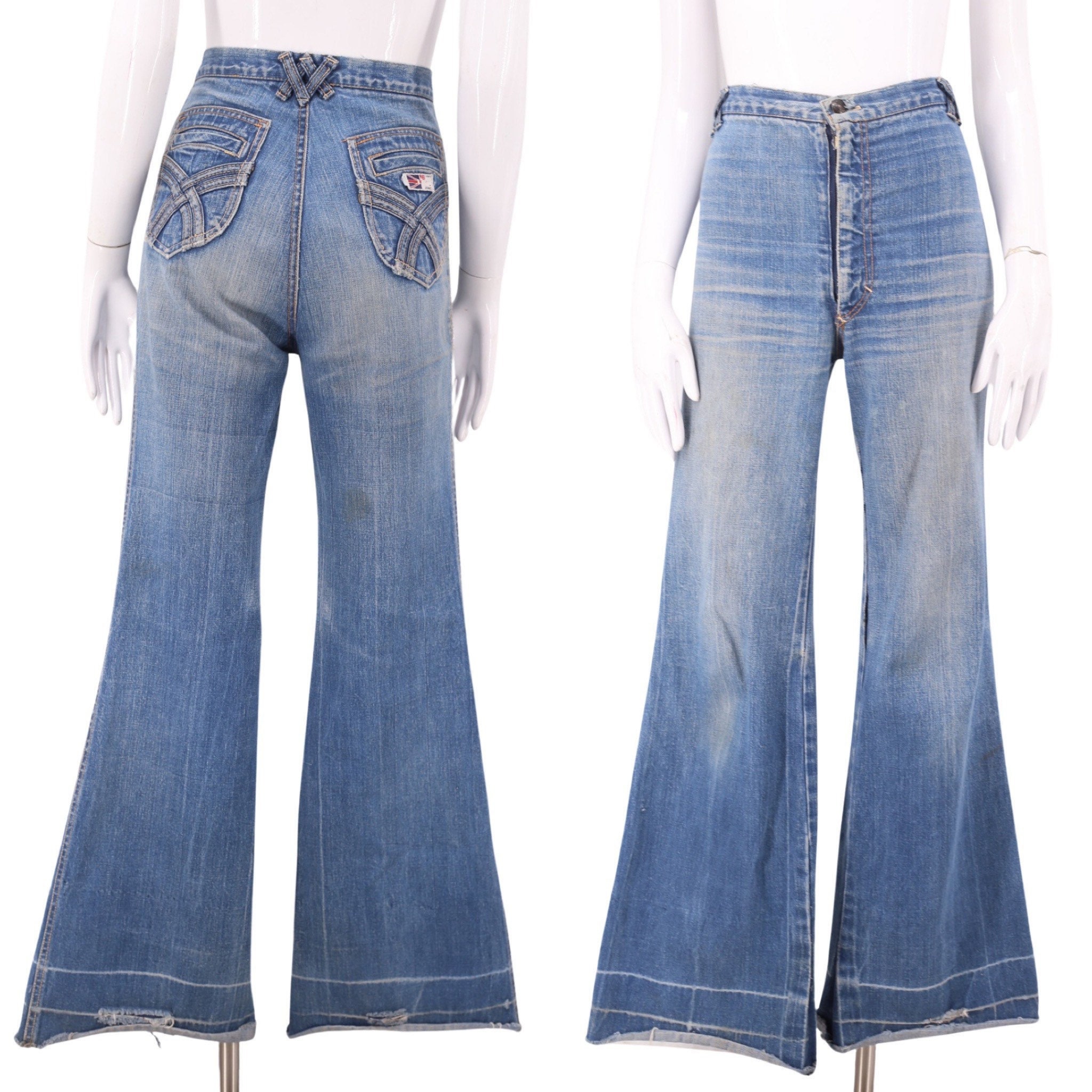 70s BALL denim high waisted bell bottom jeans sz 30 / vintage 1970s well  worn trousers bells flares pants