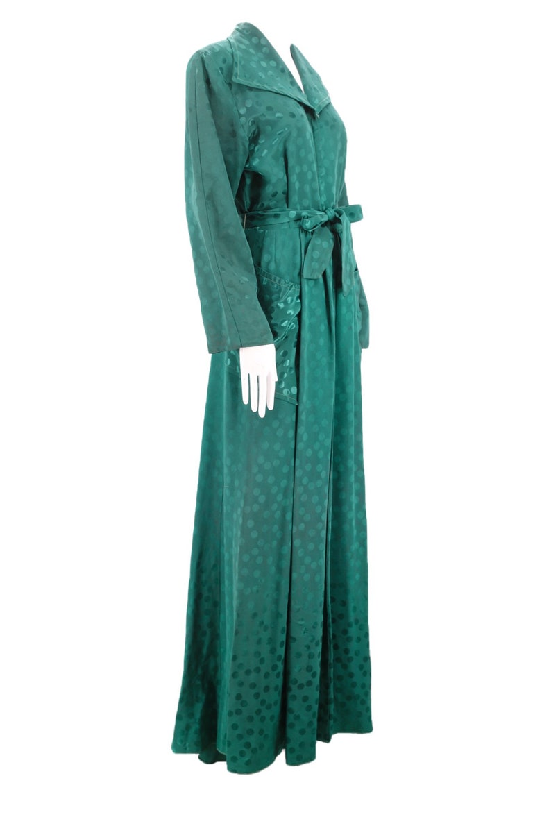 30s rayon Satin emerald dressing gown M / vintage late 1930s 40s dot print zip front dress with wide sweep and sash 1940s S-M image 3