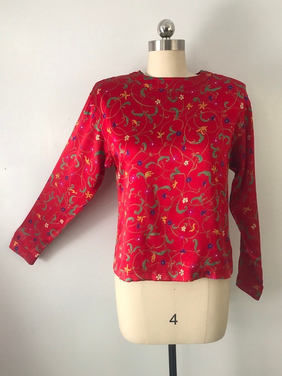 80s UNGARO red silk floral print jewel neck BLOUSE