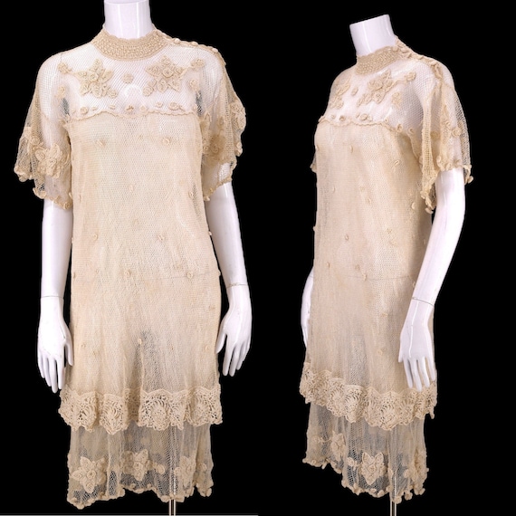 70s Hand Crochet Dress / Vintage 1970s Cream Crochet Mesh