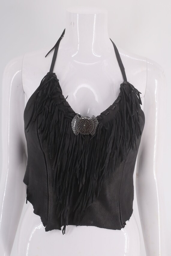 70s fringe leather black halter top size S, vinta… - image 7