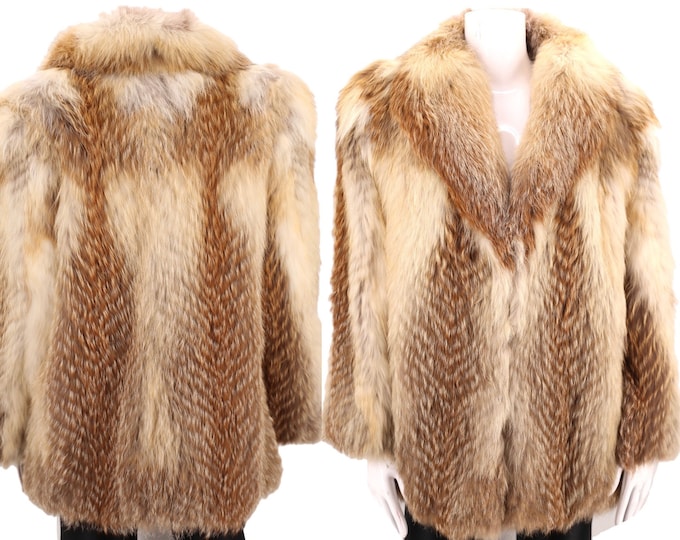 70s Tanuki fox fur shaggy vintage coat M / vintage 1970s brown black chevron hip length raccoon real fur coat small medium M-L