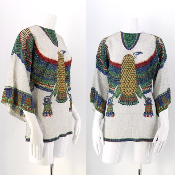 60s silver lurex CONDOR bird print bell sleeve tun