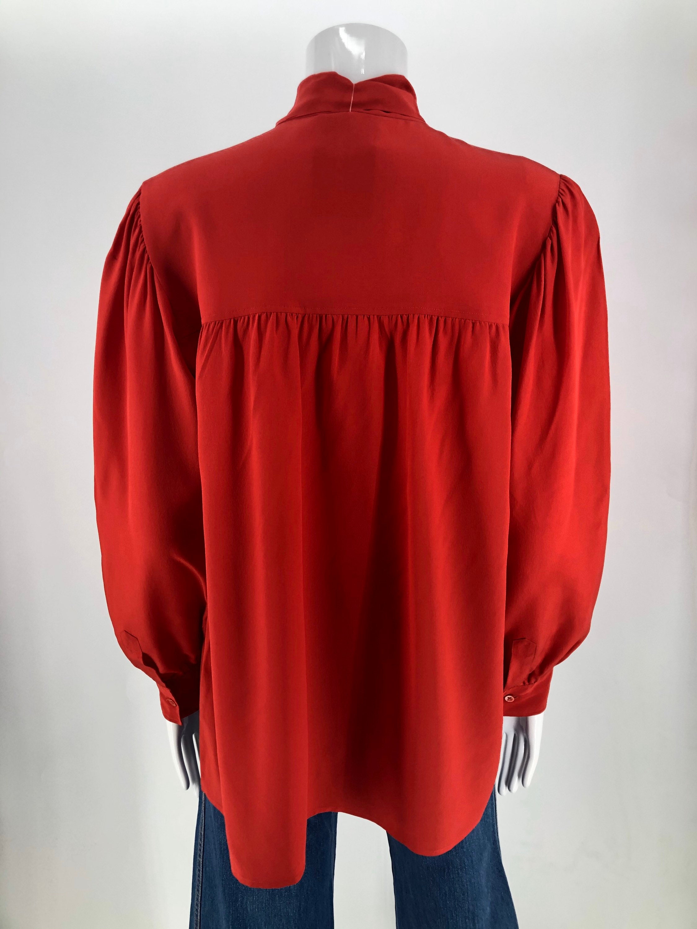 70s YSL Yves Saint Laurent signature red silk secretary TIE BLOUSE top ...