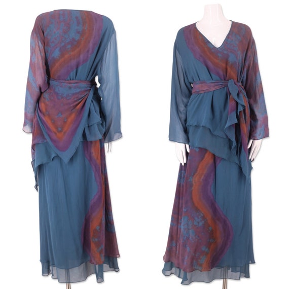 70s tie dye silk chiffon outfit, vintage 1970s CA… - image 1