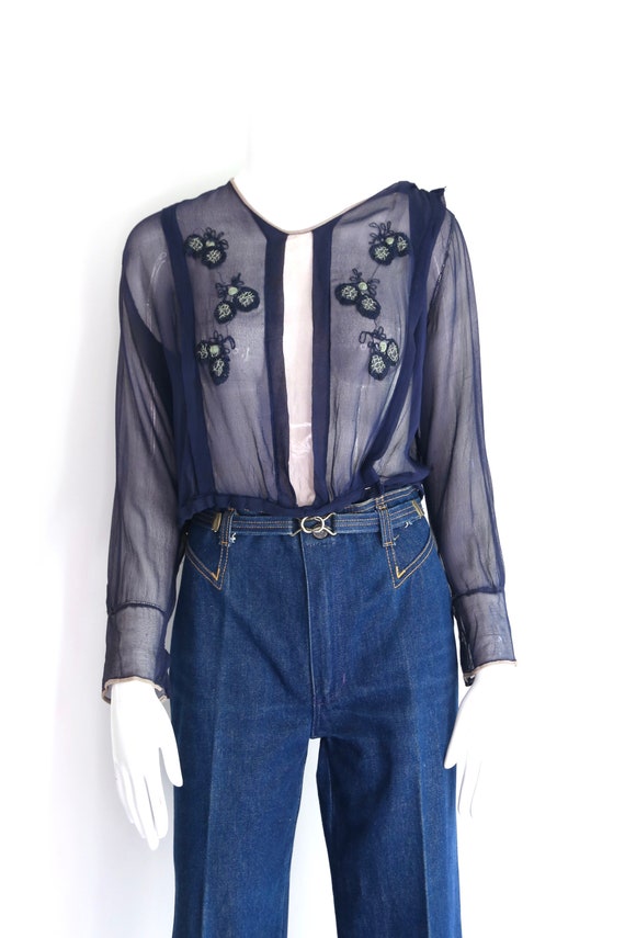 1900s Edwardian navy stitched silk chiffon blouse… - image 2