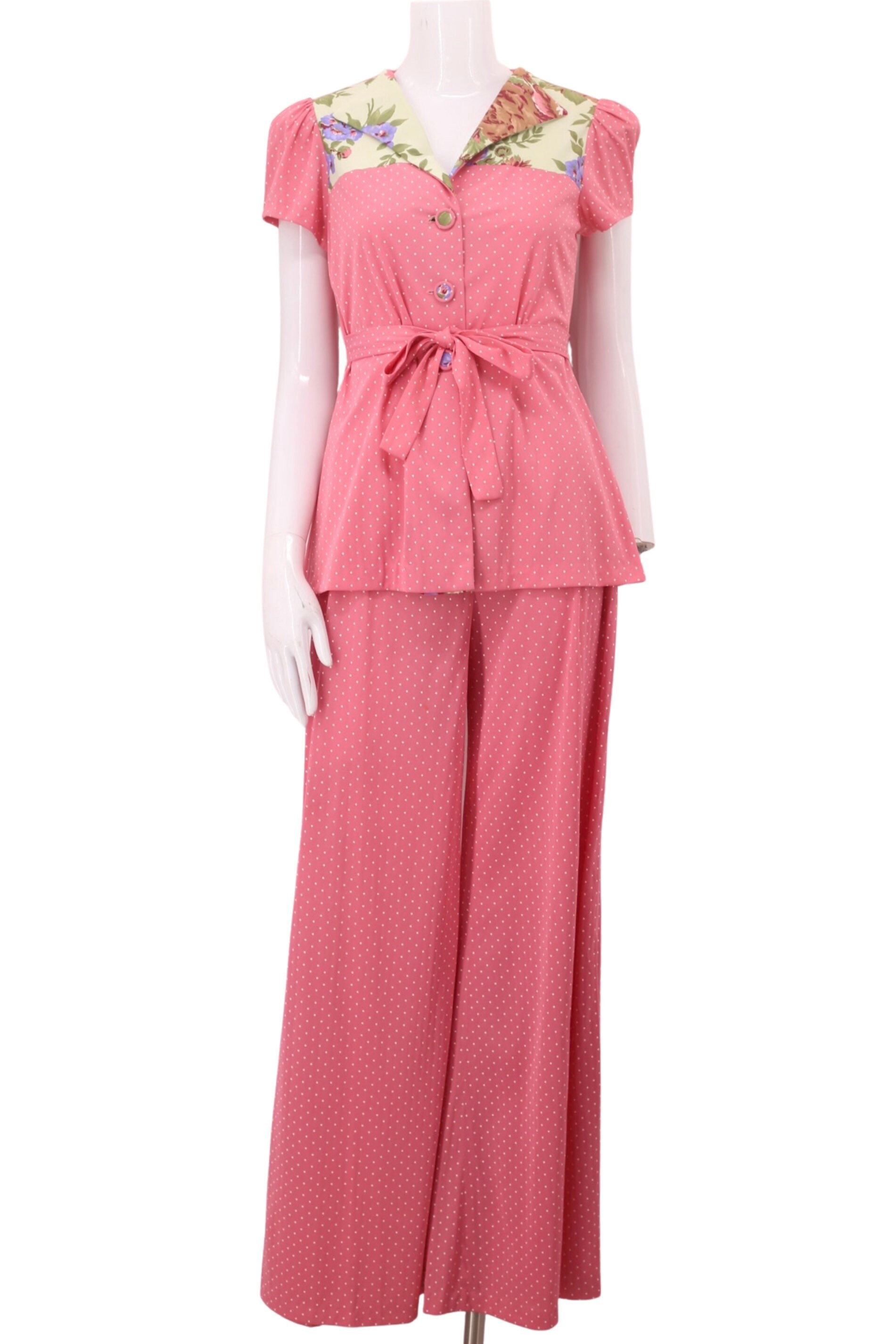 70s bell bottom outfit S, vintage 1970s does 40s California Holiday pink 2  pc set, top & palazzo pants retro pin up