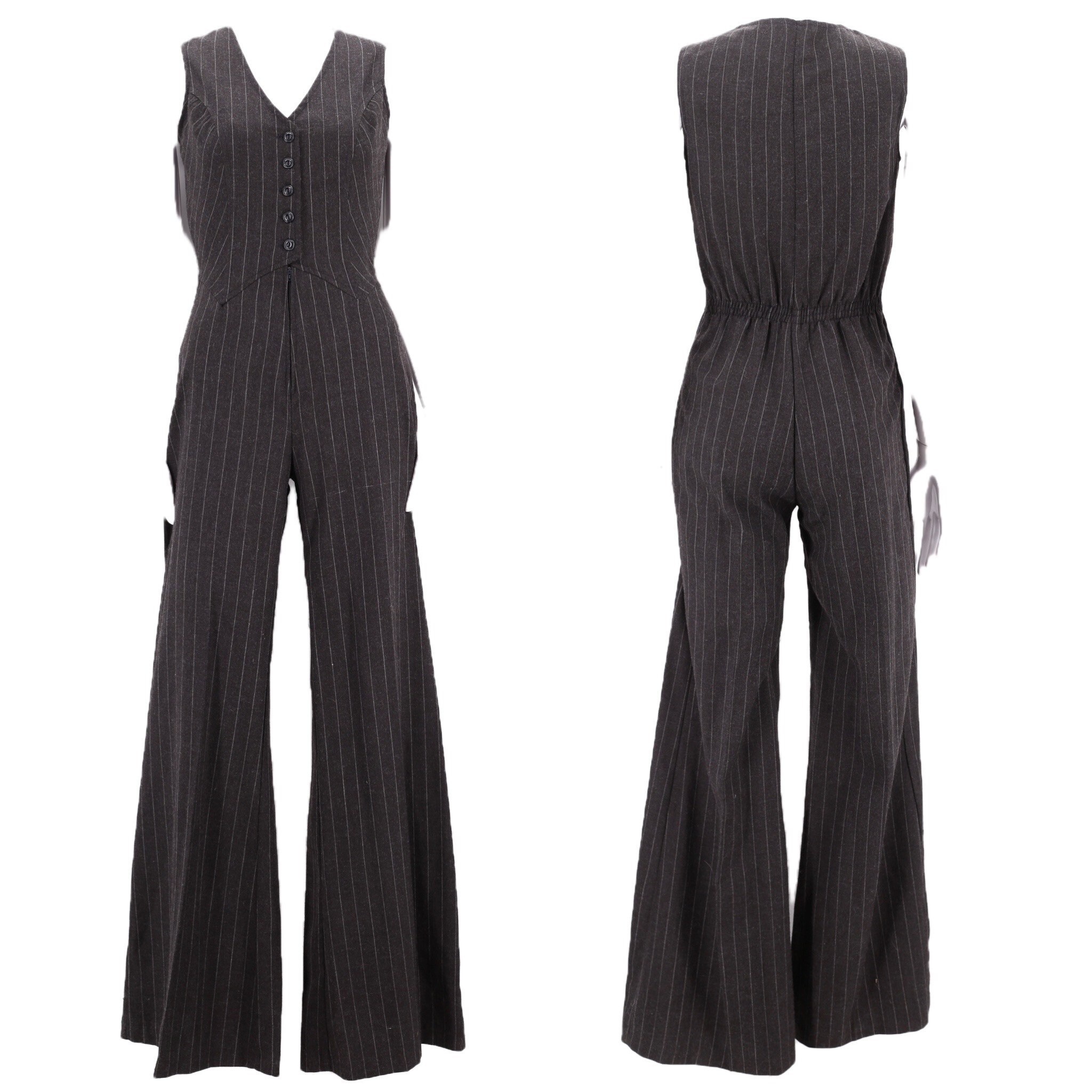 70s bell bottom pinstripe jumpsuit size M / 1970s original gray glam ...