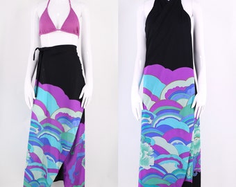 70s Rose Marie Reid print sarong skirt M-L,  vintage 1970s nylon wrap skirt, beach pool cover up, halter dress M-L