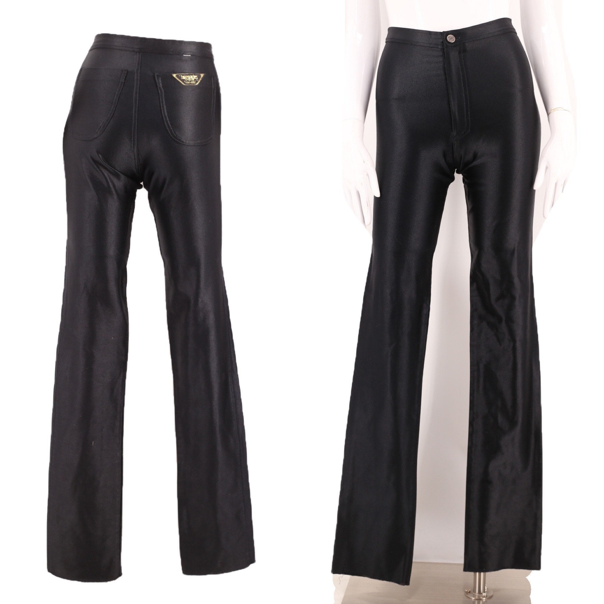 70s black BOJEANGLES disco pants S / original spandex vintage 1970s shiny  skin tight leggings size 4-6 1980s