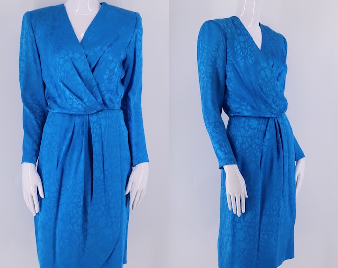 80s GIVENCHY silk print teal draped dress sz 40 /10  / vintage 1980s designer tailored strong shoulder dress w/ org tags