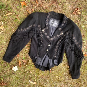 80s PATRICIA WOLF black suede fringe jacket 6 /  vintage 1980s Southwest Santa Fe rock star jacket m