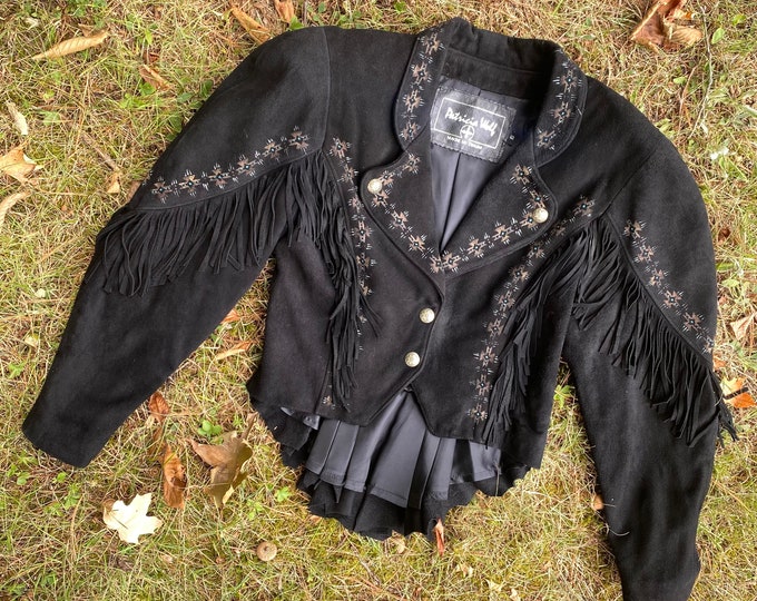 80s PATRICIA WOLF black suede fringe jacket 6 /  vintage 1980s Southwest Santa Fe rock star jacket m