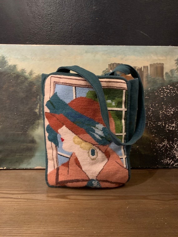 80s Art Deco needlepoint novelty print lady bag /