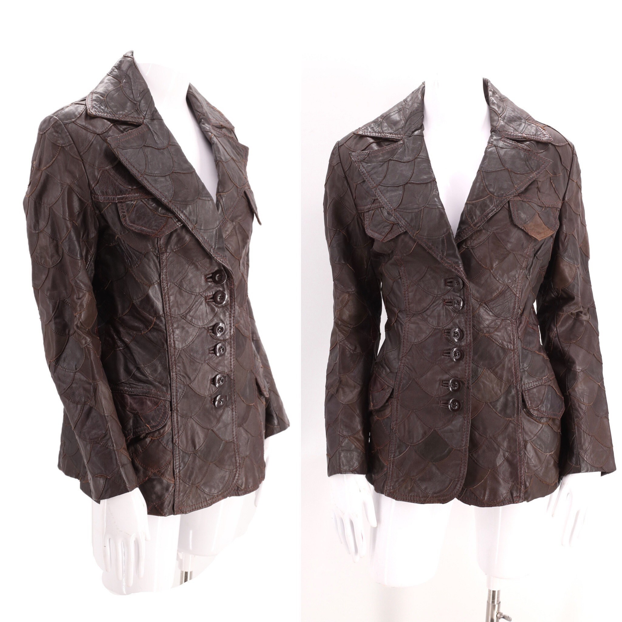 70s fish scale patchwork leather jacket M / vintage 1970s brown