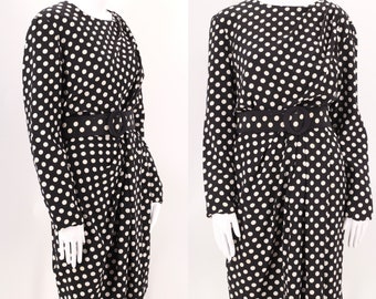 80s SCAASI polka dot cocktail dress 12 / 1980s vintage silk ruched belted day dress large