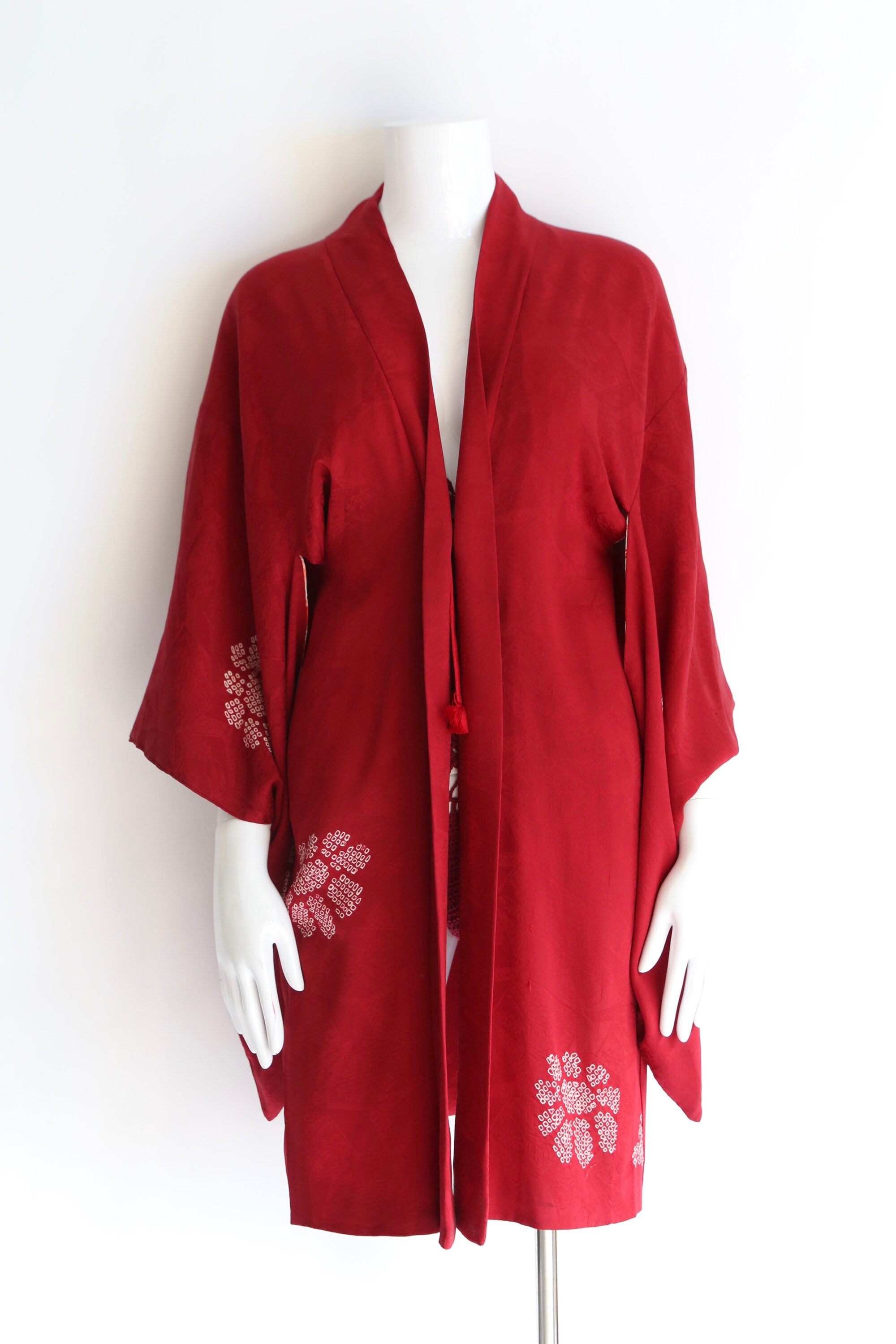 vintage red silk Japanese kimono / 50s cherry blossom print short