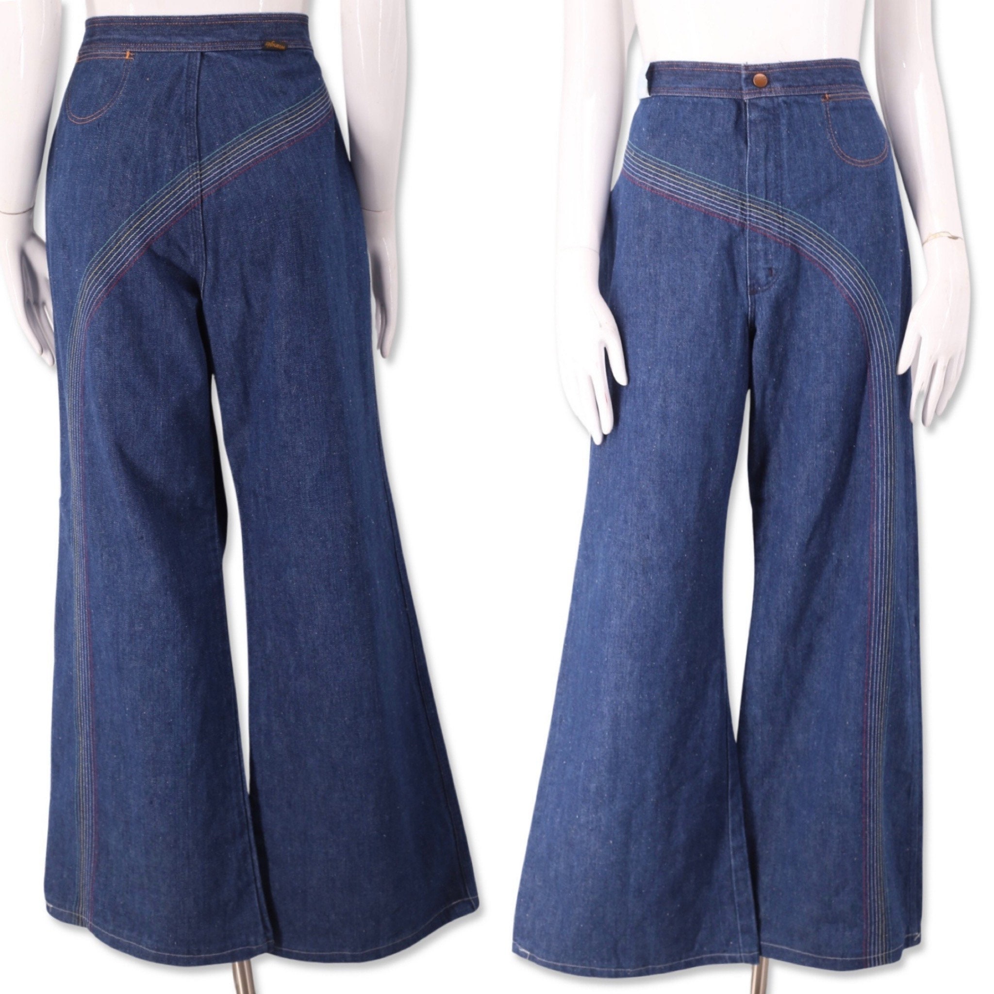 Buy Vintage 70s 1970s Denim Rainbow Stitching Bell Bottoms Jeans