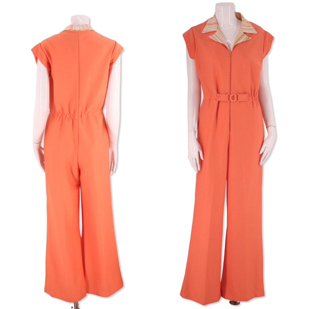 70s Poly Bell Bottom Jumpsuit M Vintage 1970s Orange Etsy